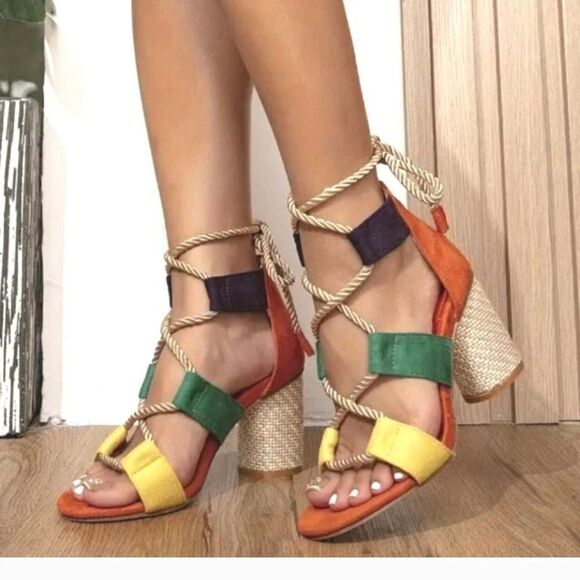 boho colorful open toe heels - Picture 6 of 7